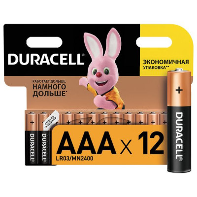 Изображение: Батарейки КОМПЛЕКТ 12 шт., DURACELL Basic ОРИГИНАЛ, AAA (LR03, 24А), алкалиновые, мизинчиковые