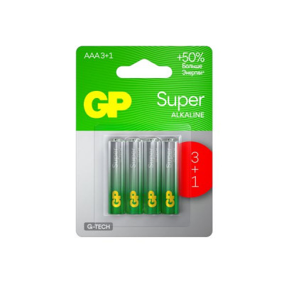 Изображение: Батарейки КОМПЛЕКТ 4 шт., GP Super G-Tech, AAA (LR03,24А), алкалиновые, мизинчиковые, ПРОМО 3+1, 24A3/1-2CR4