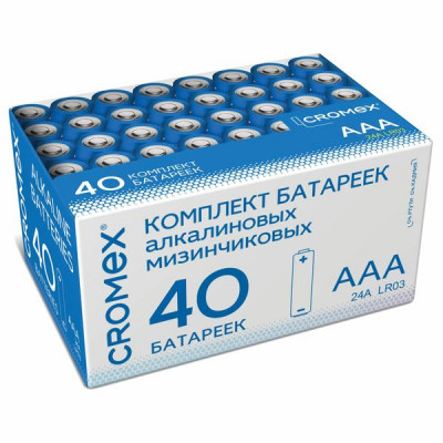 Изображение: Батарейки алкалиновые "мизинчиковые" КОМПЛЕКТ 40 шт., CROMEX (КРОМЕКС) Alkaline, ААА (LR03, 24А), в коробке, 455596