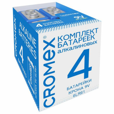 Изображение: Батарейки алкалиновые КОМПЛЕКТ 4 шт., CROMEX (КРОМЕКС) Alkaline, Крона 9V (6LR61, 6LF22, 1604A), короб, 456453