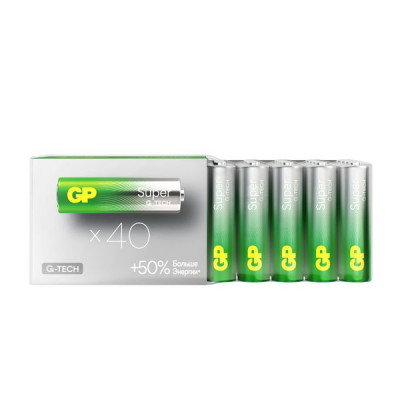Изображение: Батарейки КОМПЛЕКТ 40 шт., GP Super G-Tech, AA (LR6,15А), алкалиновые, пальчиковые, 15A-2CRVS40, GP 15A-2CRVS40
