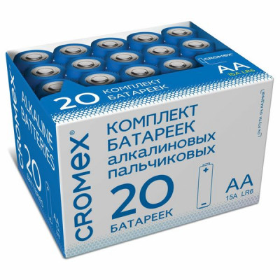 Изображение: Батарейки алкалиновые "пальчиковые" КОМПЛЕКТ 20 шт., CROMEX (КРОМЕКС) Alkaline, АА (LR6, 15А), в коробке, 455593