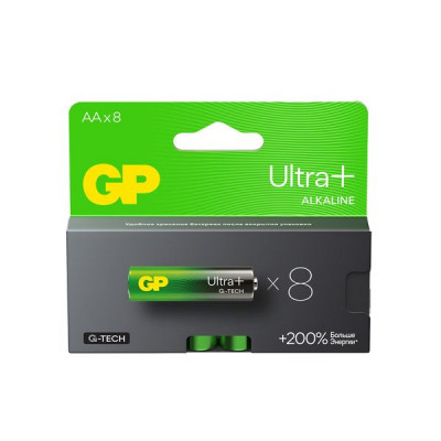 Изображение: Батарейки КОМПЛЕКТ 8 шт., GP Ultra Plus G-Tech, AA (LR6), алкалиновые, пальчиковые, 15AUPA21-2CRB8