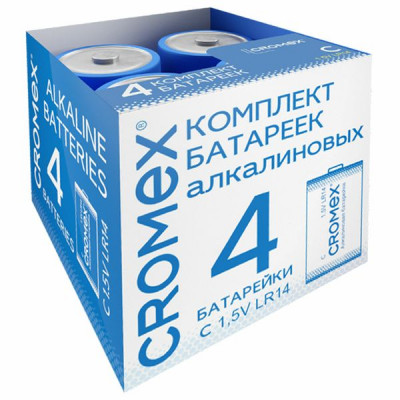 Изображение: Батарейки алкалиновые КОМПЛЕКТ 4 шт., CROMEX (КРОМЕКС) Alkaline, C (LR14, 14А), короб, 456455