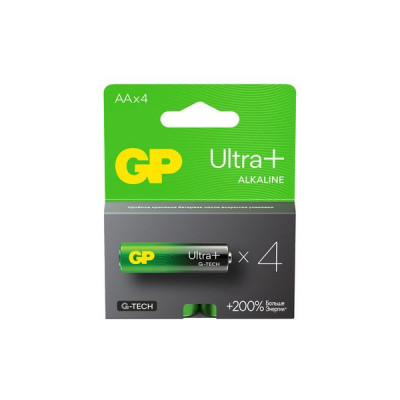 Изображение: Батарейки КОМПЛЕКТ 4 шт., GP Ultra Plus G-Tech, AA (LR6), алкалиновые, пальчиковые, 15AUPA21-2CRSB4