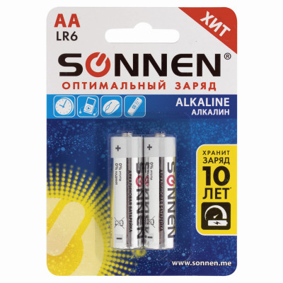Батарейки КОМПЛЕКТ 2 шт., SONNEN Alkaline, АА (LR6, 15А), алкалиновые, пальчиковые, блистер, 451084 Батарейки КОМПЛЕКТ 2 шт., SONNEN Alkaline, АА (LR6, 15А), алкалиновые, пальчиковые, блистер, 451084