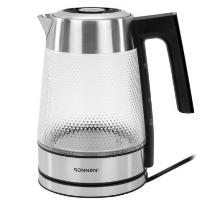 Изображение: Чайник электрический с терморегулятором SONNEN KT-1809D, 1,8 л, 2200 Вт, 5 цветов подсветки, 5 температур, стекло текстура ромб, 455141