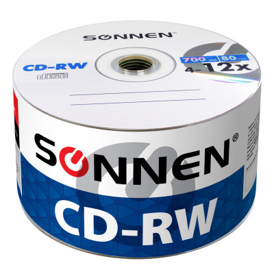 Изображение: Диск CD-RW SONNEN 700 Mb 4-12x Bulk (термоусадка без шпиля), КОМПЛЕКТ 50 шт., 512578