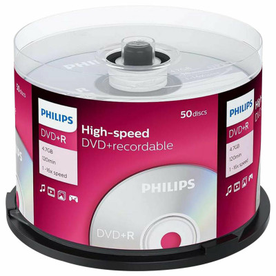 Изображение: Диск DVD+R (плюс) PHILIPS, 4,7 Гб, 16x, Cake Box (упаковка на шпиле), КОМПЛЕКТ 50 шт., DR4S6B50F/97