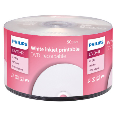 Изображение: Диск DVD-R PHILIPS 4,7 Гб, 16x, Bulk (термоусадка без шпиля), поверхность для печати, КОМПЛЕКТ 50 шт., DM4I6U50F/97