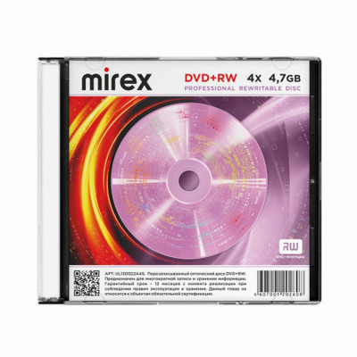 Изображение: Диск DVD+RW (плюс) MIREX, 4,7 Гб, 4x, Slim Case, 1 штука, UL130022A4S