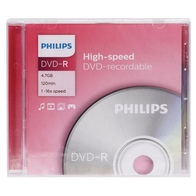 Изображение: Диск DVD-R PHILIPS, 4,7 Гб, 16x, Slim Case (1 штука), DM4S6S01F/97