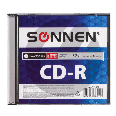 Изображение: Диск CD-R SONNEN, 700 Mb, 52x, Slim Case (1 штука), 512572