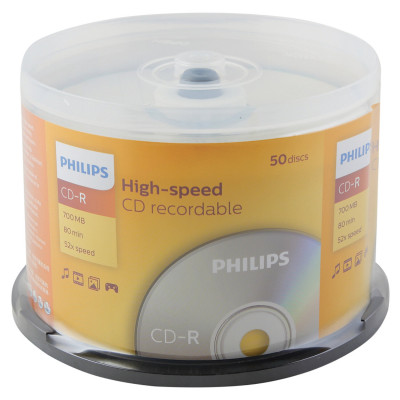 Изображение: Диск CD-R PHILIPS, 700 Мб, 52x, Cake Box (упаковка на шпиле), КОМПЛЕКТ 50 шт., CR7D5SB50/97