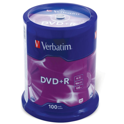 Изображение: Диск DVD+R (плюс) VERBATIM 4,7 Gb 16x Cake Box (упаковка на шпиле), КОМПЛЕКТ 100 шт., 43551