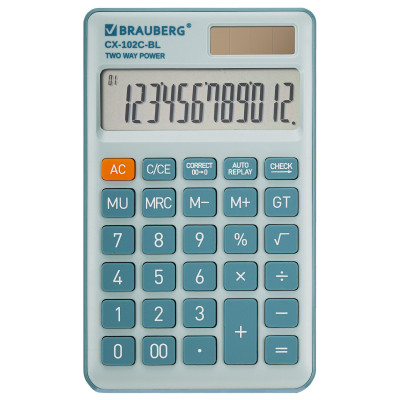 Изображение: Калькулятор карманный BRAUBERG CX-102C-BL (76x126 мм), 12 разрядов, двойное питание, ГОЛУБОЙ, 272649