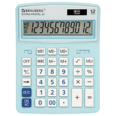 Изображение: Калькулятор настольный BRAUBERG EXTRA PASTEL-12-LB (206x155 мм), 12 разрядов, двойное питание, ГОЛУБОЙ, 250486