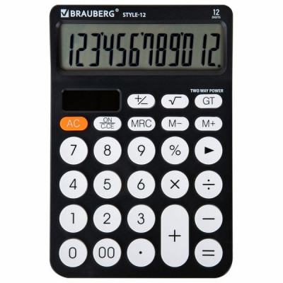 Изображение: Калькулятор настольный BRAUBERG STYLE-12-BK (157х106 мм), 12 разрядов, двойное питание, ЧЕРНЫЙ, 272965