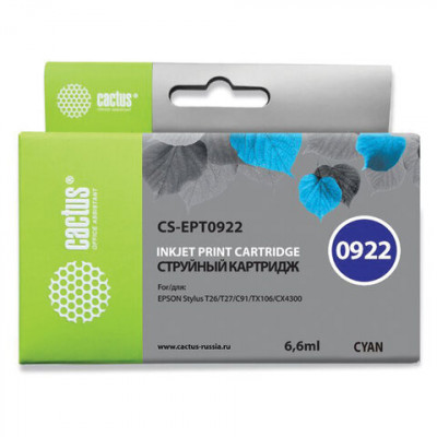 Изображение: Картридж струйный CACTUS (CS-EPT0922) для EPSON Stylus C91/CX4300/T26/T27/TX106, голубой