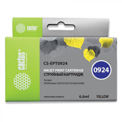 Изображение: Картридж струйный CACTUS (CS-EPT0924) для EPSON Stylus C91/CX4300/T26/T27/TX106, желтый