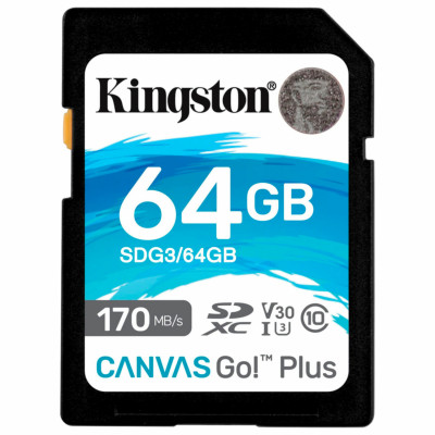 Изображение: Карта памяти SDXC 64GB KINGSTON Canvas Go Plus, UHS-I U3, 170 Мб/с (class 10), SDG3/64GB