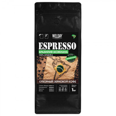 Изображение: Кофе в зернах WELDAY (ВЭЛДЭЙ) "ESPRESSO БРАЗИЛИЯ МОЖИАНА" 1 кг, арабика 100%, 624400