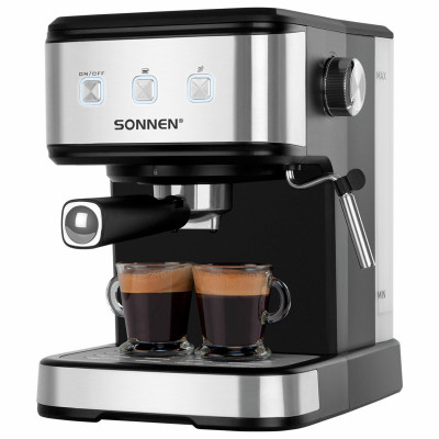 Изображение: Кофеварка рожковая ручной капучинатор SONNEN CM8501, 1100 Вт, 1,5 л, 15 бар, черная/серебро, 456335