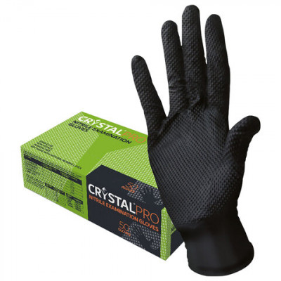 Изображение: Перчатки нитриловые смотровые с текстурой CRYSTAL PRO, 25 пар (50 шт.), размер M (средний), черные, CR-BL-01