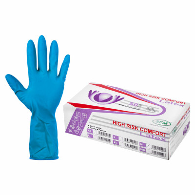 Изображение: Перчатки латексные смотровые, особо прочные, SFM HIGH RISK COMFORT, 25 пар (50 штук), размер M (средний)