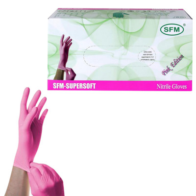 Перчатки нитриловые смотровые SFM Supersoft PINK, 100 пар (200 шт.), размер S (малый), розовые Перчатки нитриловые смотровые SFM Supersoft PINK, 100 пар (200 шт.), размер S (малый), розовые