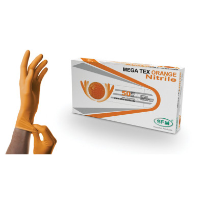 Изображение: Перчатки нитриловые сверхпрочные с текстурой SFM MEGA TEX ORANGE, Германия, 25 пар (50 штук), размер M (средний), 4036534913208