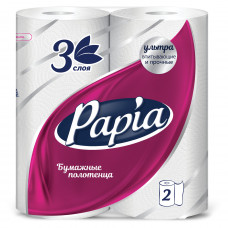 Полотенца бумажные бытовые, спайка 2 шт., 3-слойные (2х10,8 м), PAPIA, 22,7x12 см, белые, 5081504