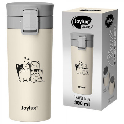 Изображение: Термокружка 380 мл JOYLUX (ДЖОЙЛЮКС) CLASSIC CAT, нержавеющая сталь SUS304, бежевый с принтом, 700272