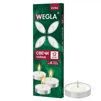 Изображение: Свечи чайные литые в гильзе WEGLA (ВЕГЛА) EXTRA, до 4 часов горения, вес 10 грамм, КОМПЛЕКТ 12 штук, 702569