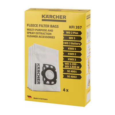 Изображение: Мешки для сбора пыли KARCHER, КОМПЛЕКТ 4 шт., нетканые, пылесосы WD2 Plus/3, SE 4001/02, 2.863-314.0