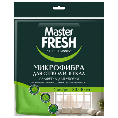 Салфетка из МИКРОФИБРЫ для стекол и зеркал 30х30 см, зеленая, 280 г/м2, MASTER FRESH Салфетка из МИКРОФИБРЫ для стекол и зеркал 30х30 см, зеленая, 280 г/м2, MASTER FRESH