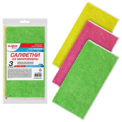 Изображение: Салфетки из МИКРОФИБРЫ 30х30 см, КОМПЛЕКТ 3 шт., OVERLOCK MULTI COLOUR, 220 г/м2, LAIMA HOME, 608221