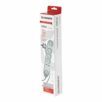 Изображение: Сетевой фильтр SONNEN DX04, 4 розетки, 2 USB-порта, с заземлением, 10 А, 1,5 м, графит, 513493