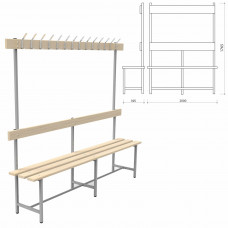 Скамья с вешалкой, спинкой "СВТ 6", 1765х2000х395 мм, 14 крючков, регулируемые опоры, каркас металлический серый, сиденье дерево